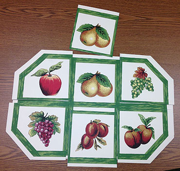 Kitchen placemats cut into pieces for puzzle placements activity