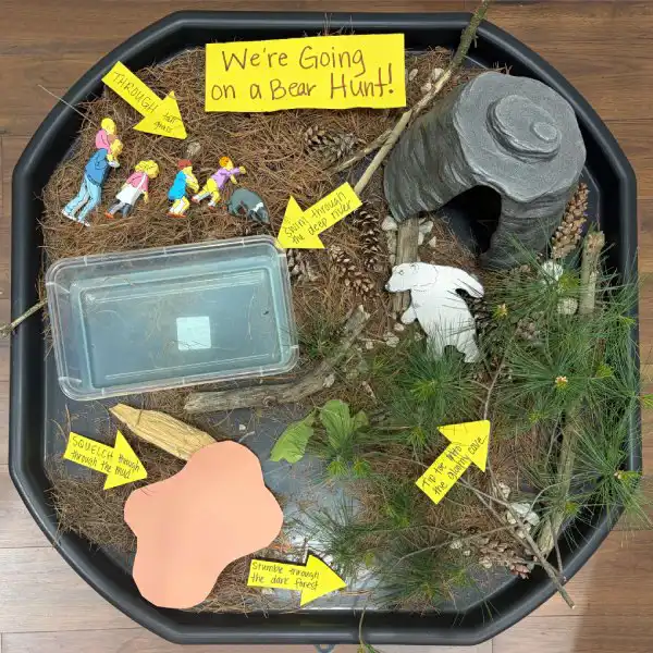 Story-inspired tuff tray activity based on We’re Going on a Bear Hunt.