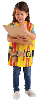 Preschool child dressed as construction worker holding a clipboard