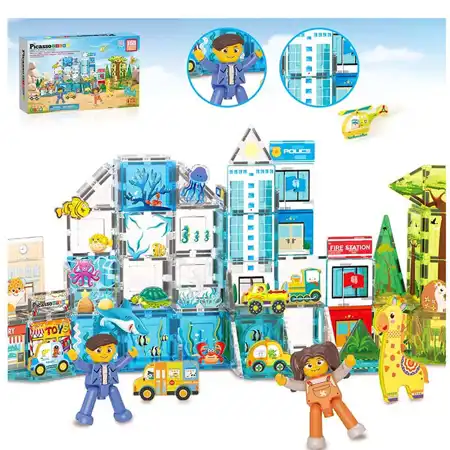 PicassoTiles 3-in-1 Magnetic Tiles Aquarium, Safari, and Metro Set