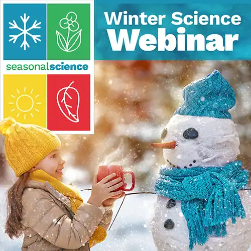 Child giving mug to snowman for Becker's Winter Seasonal Science Webinar